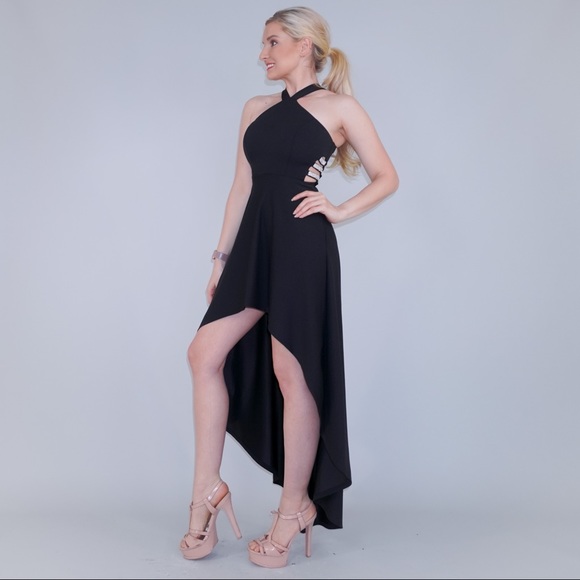 Black Halter High Low Dress with Rhinestones - Picture 13 of 16